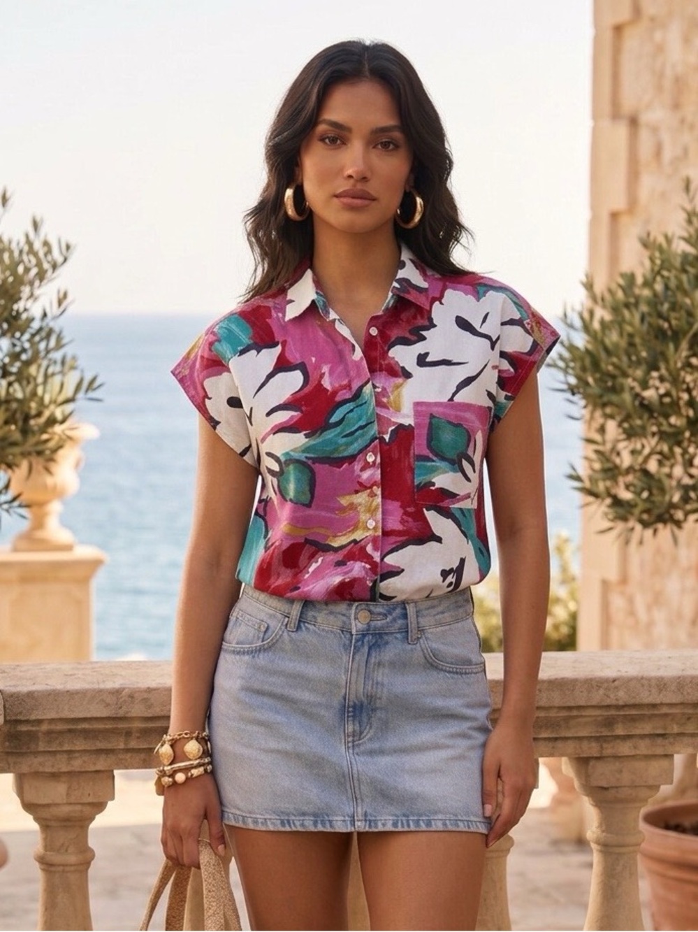 Short-Sleeve Button-Down Top in Pink Floral Brushstroke
